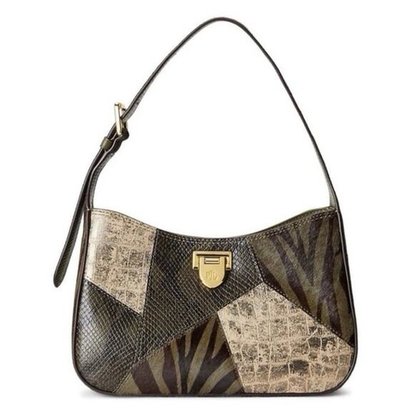 Ralph Lauren Bag Calfhair and Leather Patchwork Falynn Shoulder Purse Baguette - Picture 1 of 14